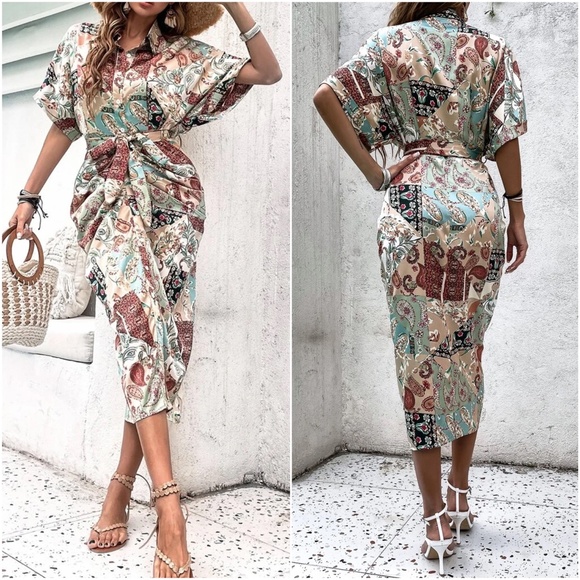 Boho Paisley Print Button up satin Dress - Picture 3 of 4